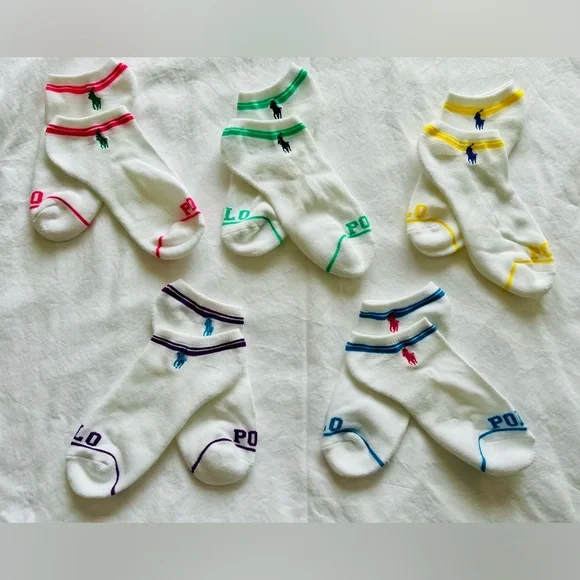 NWOT 5 Pairs of Polo by Ralph Lauren White Ankle Socks with Colorful Accents - Picture 5 of 8
